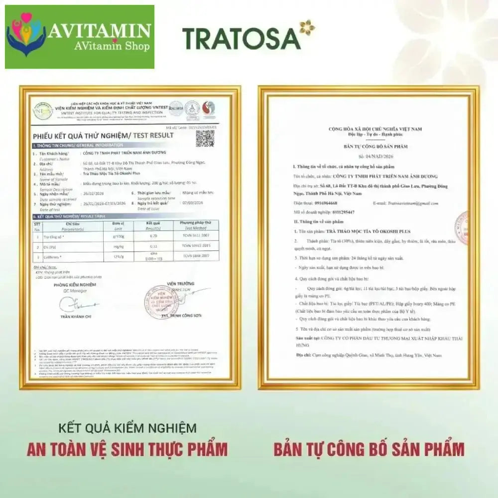 Trà tía tô okoshi plus Hưng Yên TRATOSA 8 vị thảo dược 33 túi lọc tốt cho xương khớp, gút, an toàn và lành tính - AVITAMINSHOP.COM