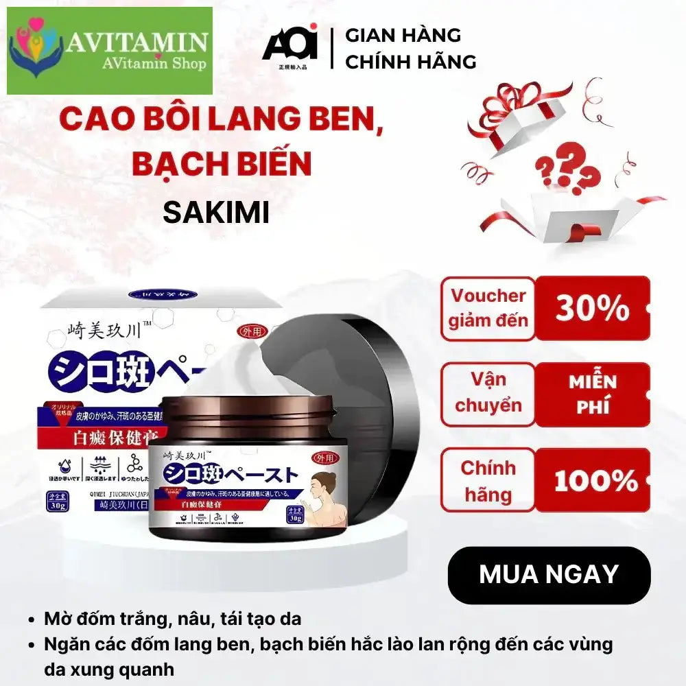 Cao Bôi Lang Ben Sakimi Cổ Truyền Nhật Bản 30ml - Loại Bỏ Đốm Trắng Lang Ben, Bạch Biến, Hắc Lào Hiệu Quả, Tái Tạo Da - AVITAMINSHOP.COM
