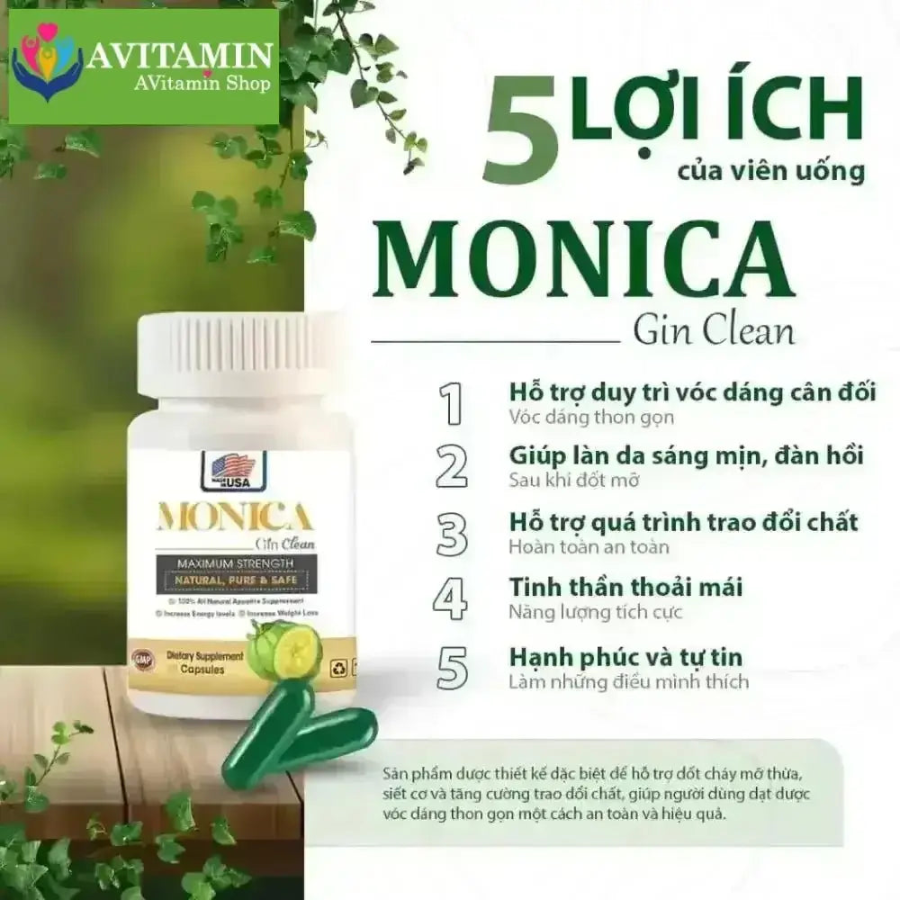 (Che Tên) Viên Uống Giảm Cân Đốt Mỡ Monica Gin Clean Siết Eo Cấp Tốc USA Hộp 30 viên - AVITAMINSHOP.COM