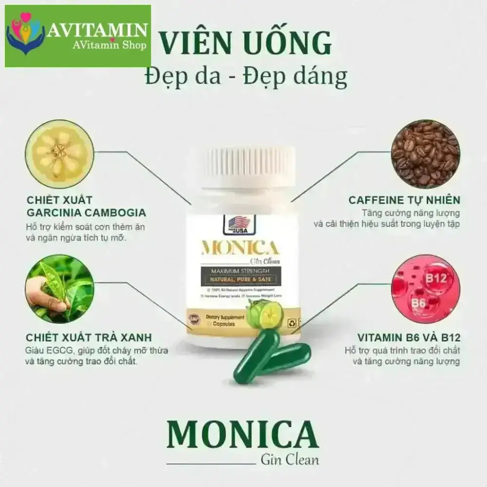 (Che Tên) Viên Uống Giảm Cân Đốt Mỡ Monica Gin Clean Siết Eo Cấp Tốc USA Hộp 30 viên - AVITAMINSHOP.COM