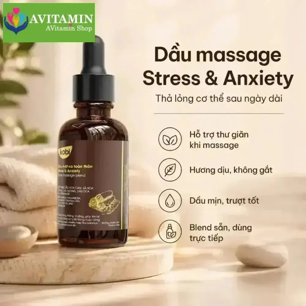Dầu massage toàn thân Kobi Stress & Anxiety 100ml thư giãn giảm căng thẳng dễ chịu - AVITAMINSHOP.COM