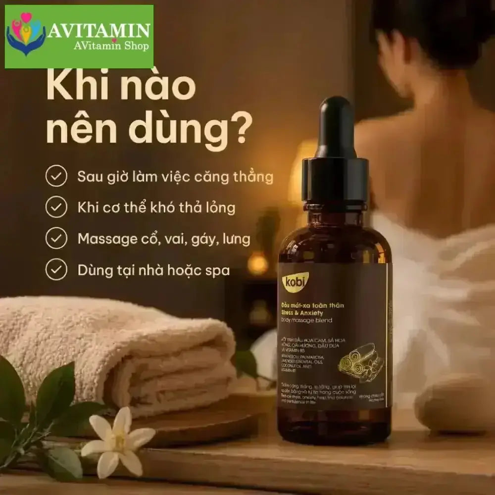 Dầu massage toàn thân Kobi Stress & Anxiety 100ml thư giãn giảm căng thẳng dễ chịu - AVITAMINSHOP.COM