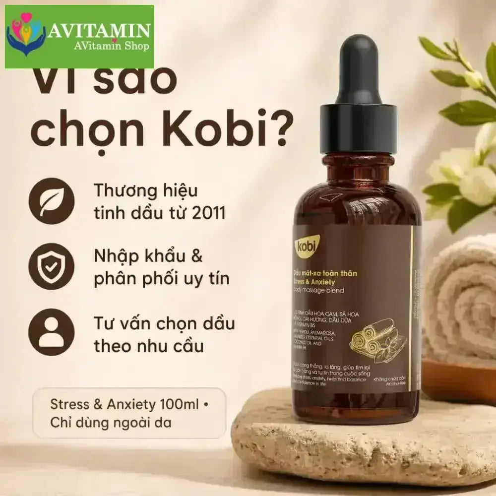 Dầu massage toàn thân Kobi Stress & Anxiety 100ml thư giãn giảm căng thẳng dễ chịu - AVITAMINSHOP.COM