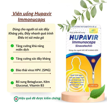 Viên uống Hupavir Immunocaps hỗ trợ đào thải HPV, sùi mào gà , hỗ trợ tăng cường đề kháng cho cả nam và nữ lọ 60 viên
