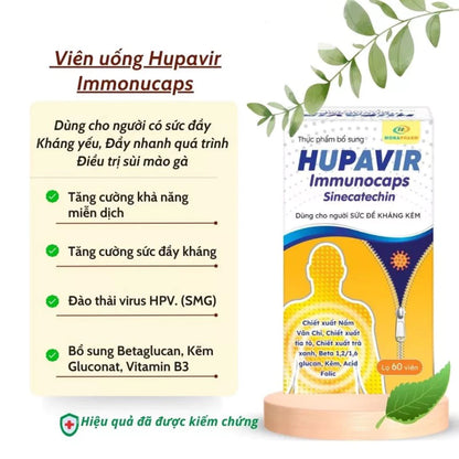 Viên uống Hupavir Immunocaps hỗ trợ đào thải HPV, sùi mào gà , hỗ trợ tăng cường đề kháng cho cả nam và nữ lọ 60 viên