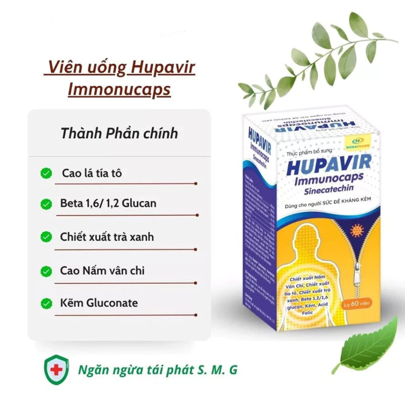 Viên uống Hupavir Immunocaps hỗ trợ đào thải HPV, sùi mào gà , hỗ trợ tăng cường đề kháng cho cả nam và nữ lọ 60 viên