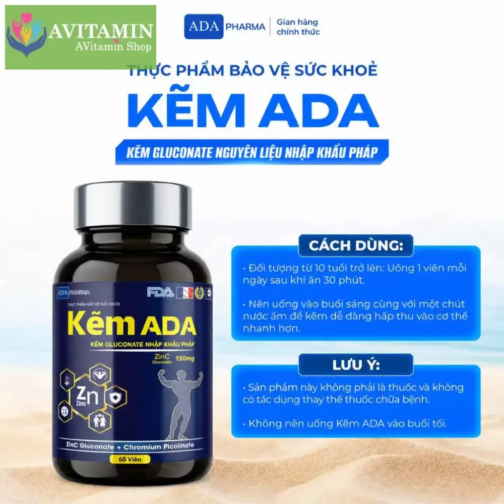 Kẽm ADA 60 Viên Zinc Gluconate Nhập Khẩu Pháp – Tăng Đề Kháng Hỗ Trợ Sức Khỏe