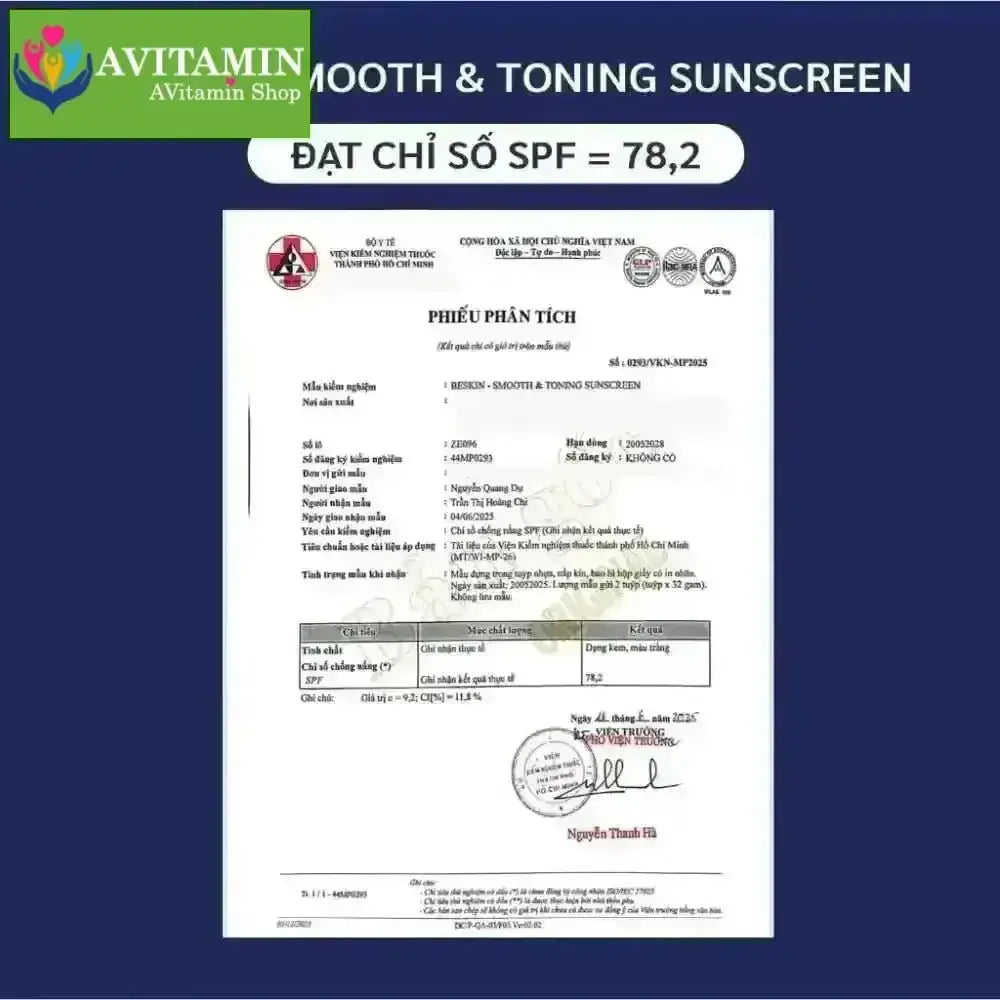KEM CHỐNG NẮNG PHỔ RỘNG "SMOOTH & TONING SUNSCREEN" SPF 50+ PA+++ - Dung tích: 32g - Thương Hiệu: Beskin - AVITAMINSHOP.COM