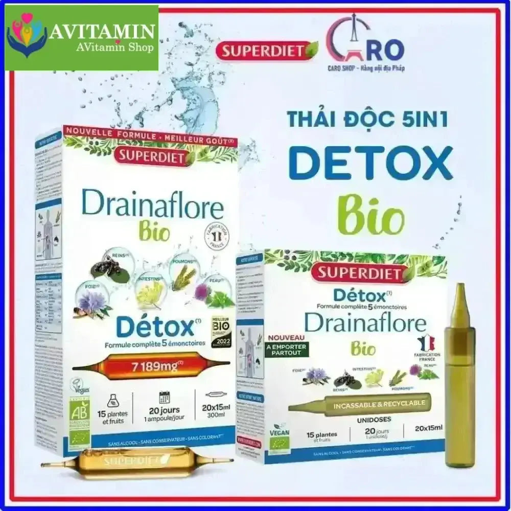 Thải độc chuyên sâu 5 trong 1 Detox Drainaflore BIO Superdiet 20 ống - AVITAMINSHOP.COM
