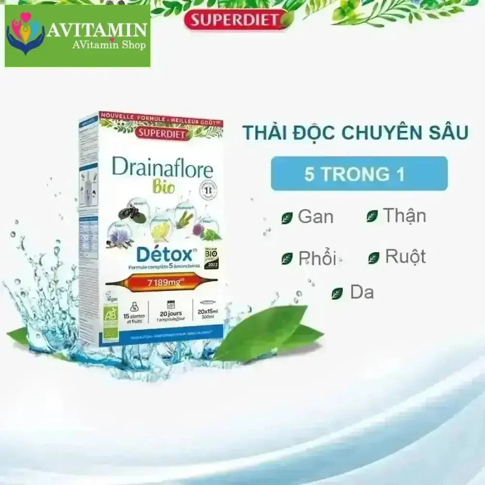 Thải độc chuyên sâu 5 trong 1 Detox Drainaflore BIO Superdiet 20 ống - AVITAMINSHOP.COM
