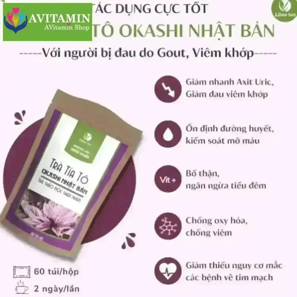Trà Tía Tô OKASHI Nhật Bản ( Hỗ trợ bệnh Gút, Giảm chỉ số acid uric, Giảm đau xương khớp) - Bịch 60 túi lọc - AVITAMINSHOP.COM