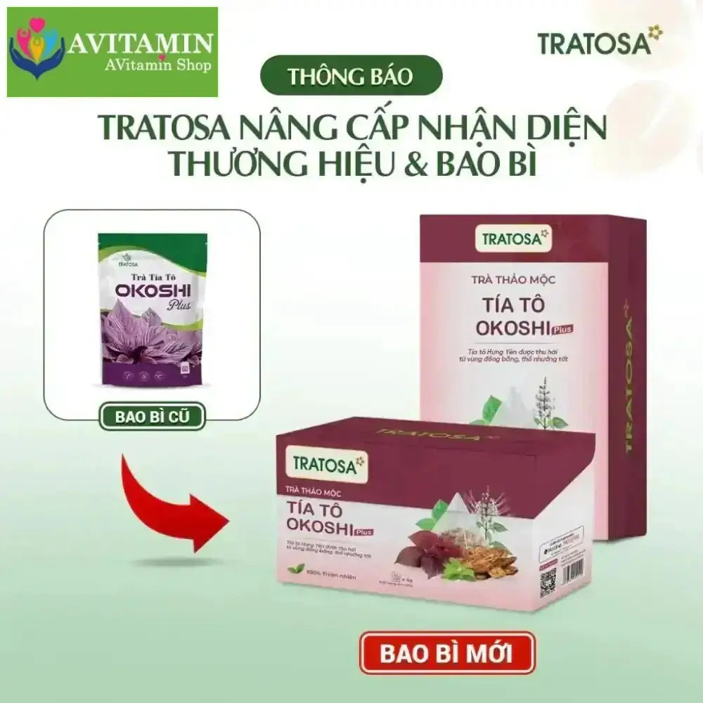 Trà tía tô okoshi plus Hưng Yên TRATOSA 8 vị thảo dược 33 túi lọc tốt cho xương khớp, gút, an toàn và lành tính - AVITAMINSHOP.COM