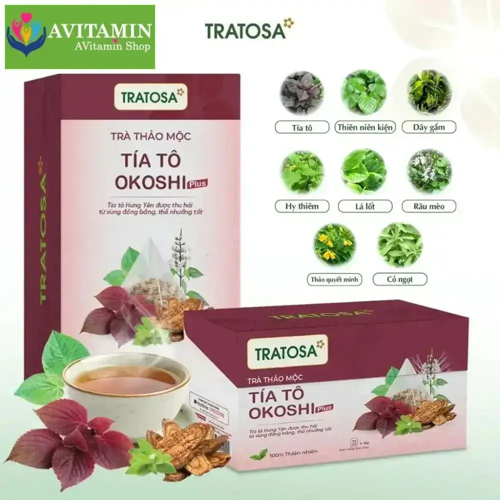 Trà tía tô okoshi plus Hưng Yên TRATOSA 8 vị thảo dược 33 túi lọc tốt cho xương khớp, gút, an toàn và lành tính - AVITAMINSHOP.COM