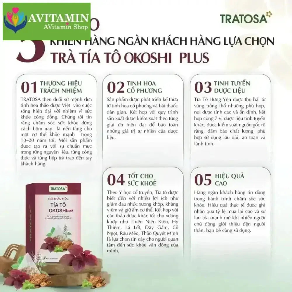 Trà tía tô okoshi plus Hưng Yên TRATOSA 8 vị thảo dược 33 túi lọc tốt cho xương khớp, gút, an toàn và lành tính - AVITAMINSHOP.COM