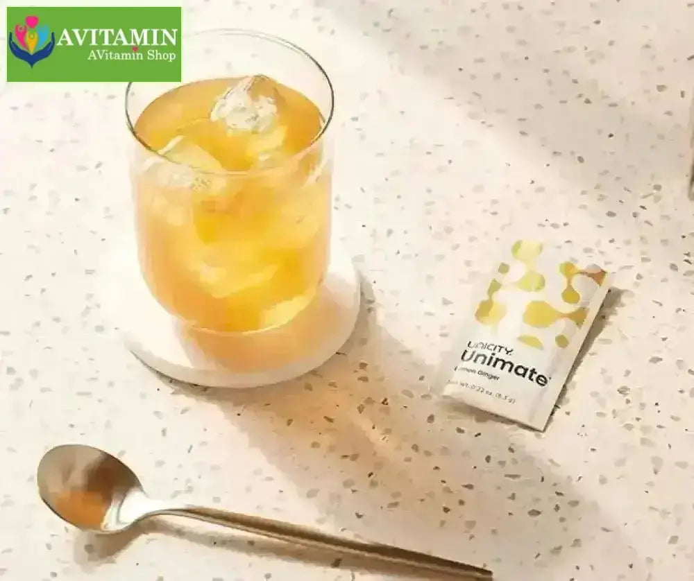 Unimate vị chanh gừng Unimate Lemon Ginger Unicity Hỗ Trợ Tăng Cường Năng Lượng và Chống Lão Hóa - AVITAMINSHOP.COM